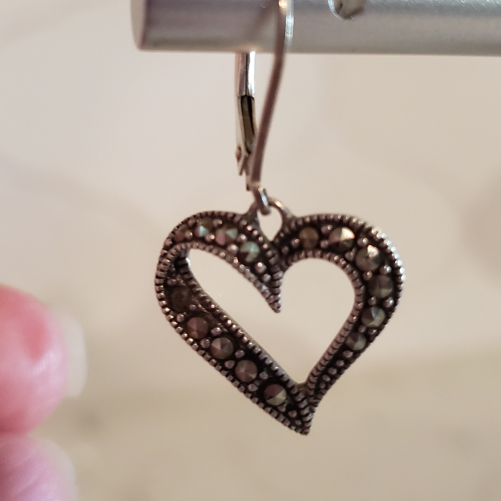 Heart dangle sterling/ marcasite earrings - Picture 3 of 4